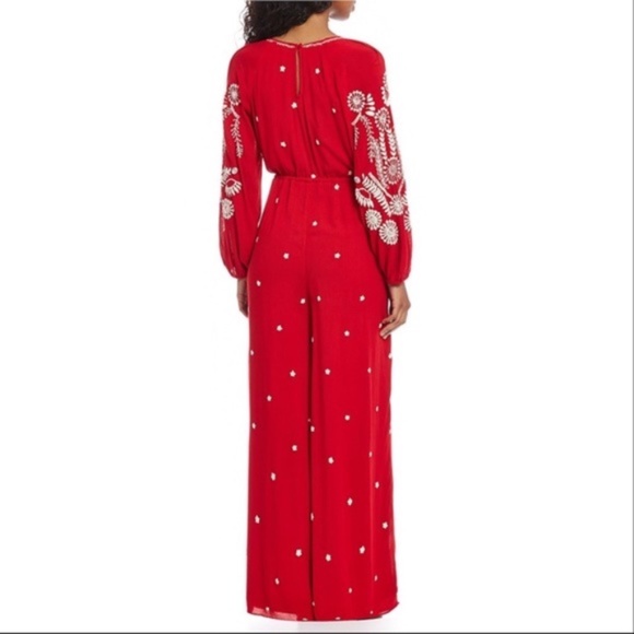 Free People Red White Floral Embroidered Wide Leg Long Sleeve Jumpsuit Size XS - Picture 4 of 9